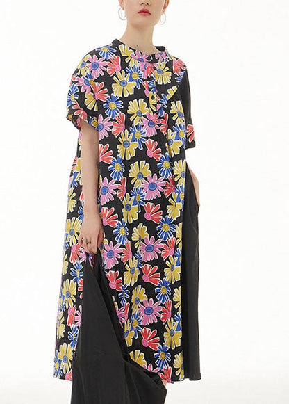 Stylish Black Stand Collar Print Patchwork Cotton Dresses Summer