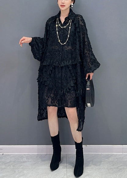Stylish Black Tasseled Low High Design Patchwork Tulle Dress Fall