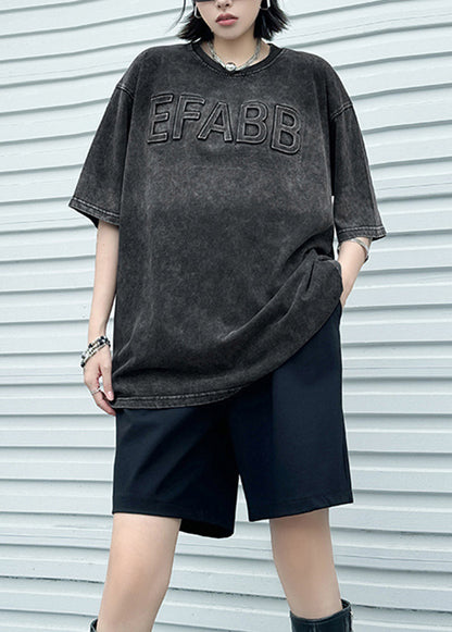 Stylish Black Tie Dye O Neck Print Cotton Top Summer