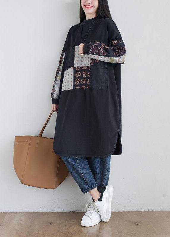 Stylish Black Turtleneck Print Loose Fall Floral Sweatshirts Dress - SooLinen