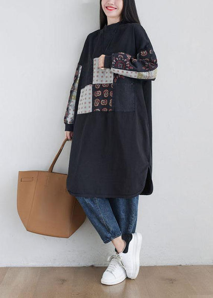 Stylish Black Turtleneck Print Loose Fall Floral Sweatshirts Dress - SooLinen