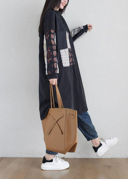 Stylish Black Turtleneck Print Loose Fall Floral Sweatshirts Dress - SooLinen