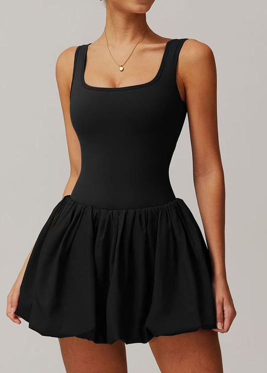 Stylish Black U Neck Built-In Shorts Pockets Dresses Sleeveless