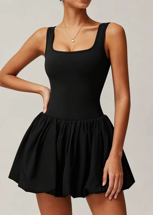 Stylish Black U Neck Built-In Shorts Pockets Dresses Sleeveless