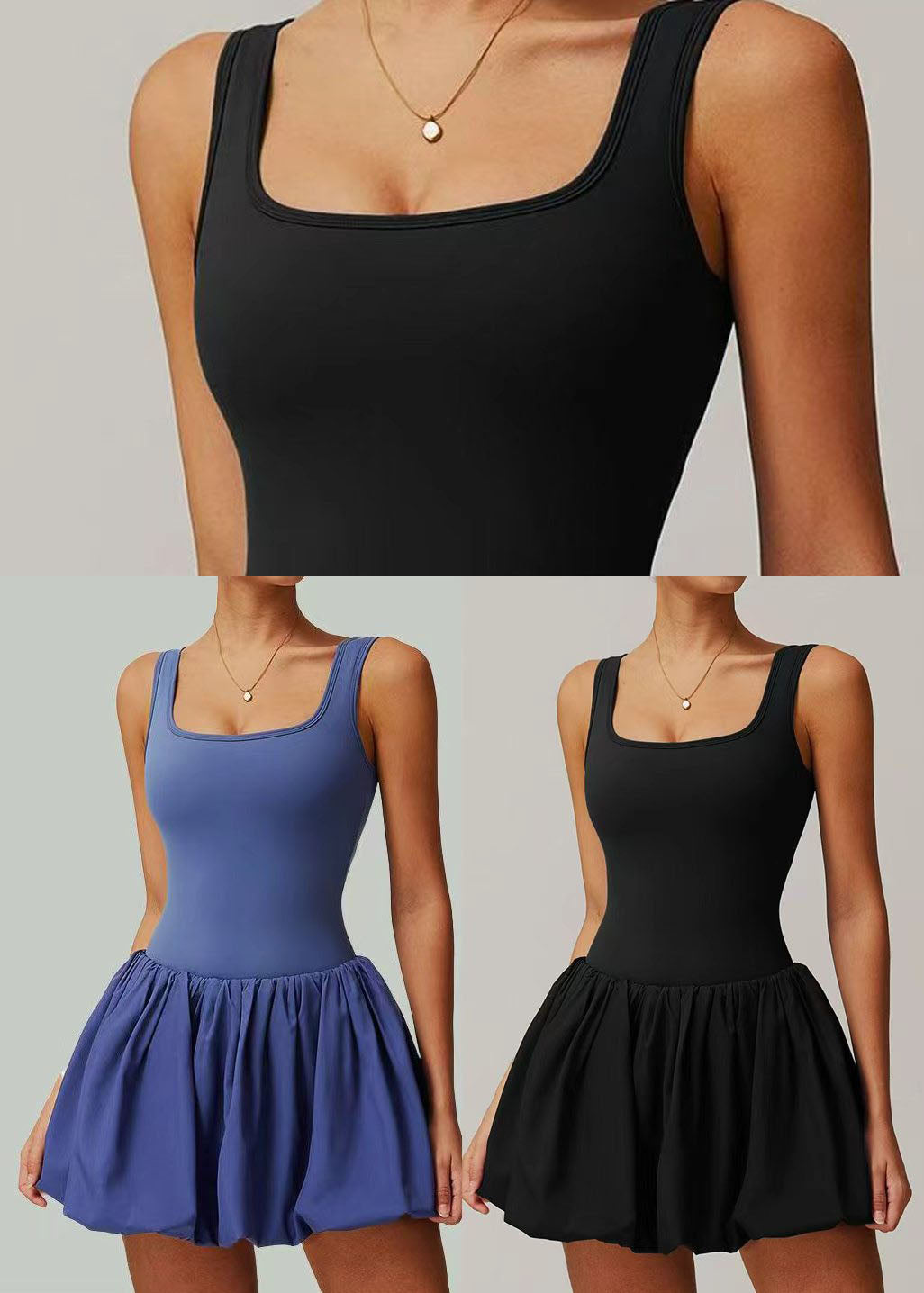 Stylish Black U Neck Built-In Shorts Pockets Dresses Sleeveless