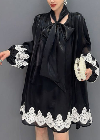 Stylish Black U Neck Print Tulle Mid Dresses Lantern Sleeve