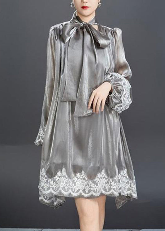 Stylish Black U Neck Print Tulle Mid Dresses Lantern Sleeve