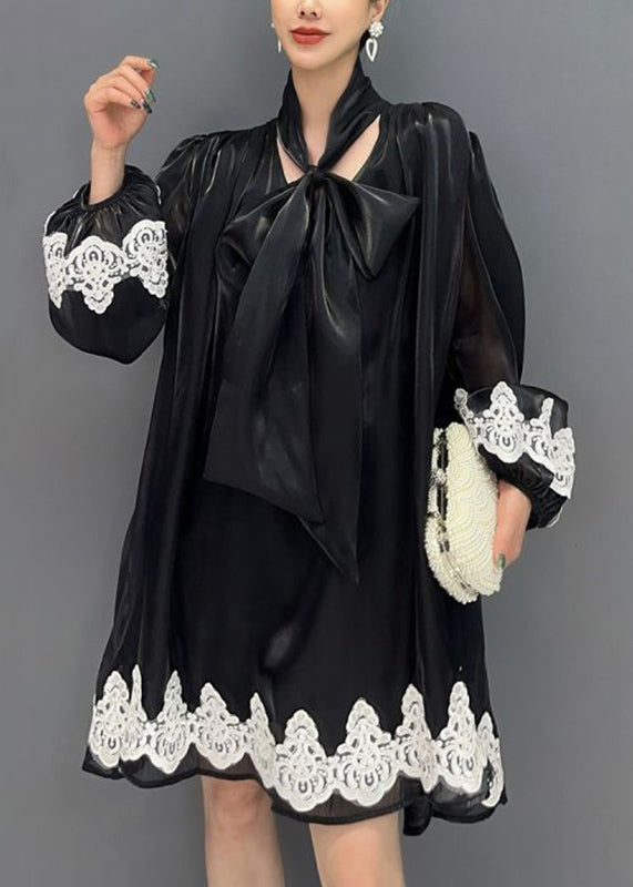 Stylish Black U Neck Print Tulle Mid Dresses Lantern Sleeve