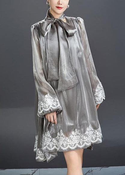 Stylish Black U Neck Print Tulle Mid Dresses Lantern Sleeve