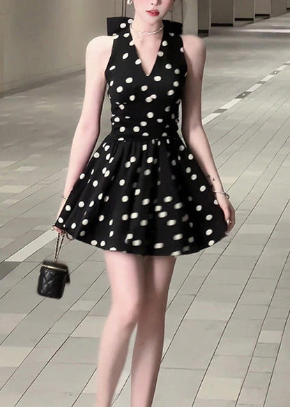 Stylish Black V Neck Dot Bow Cotton Mid Dress Sleeveless