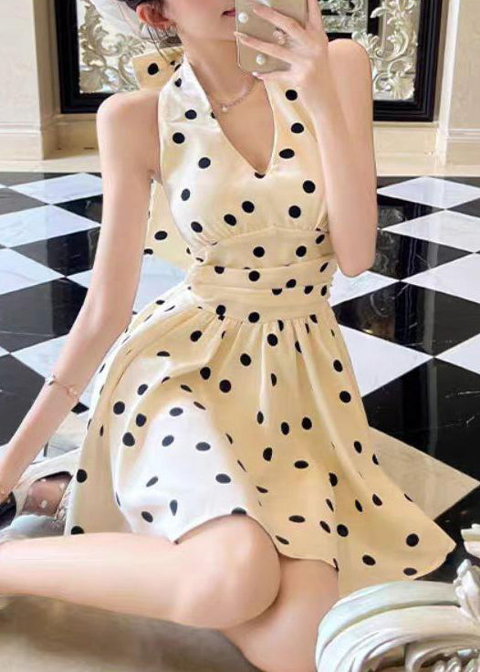 Stylish Black V Neck Dot Bow Cotton Mid Dress Sleeveless