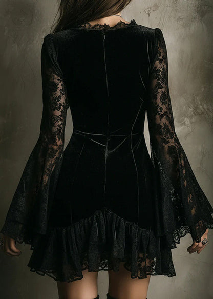 Stylish Black V Neck Lace Patchwork Velvet Mini Dress Fall