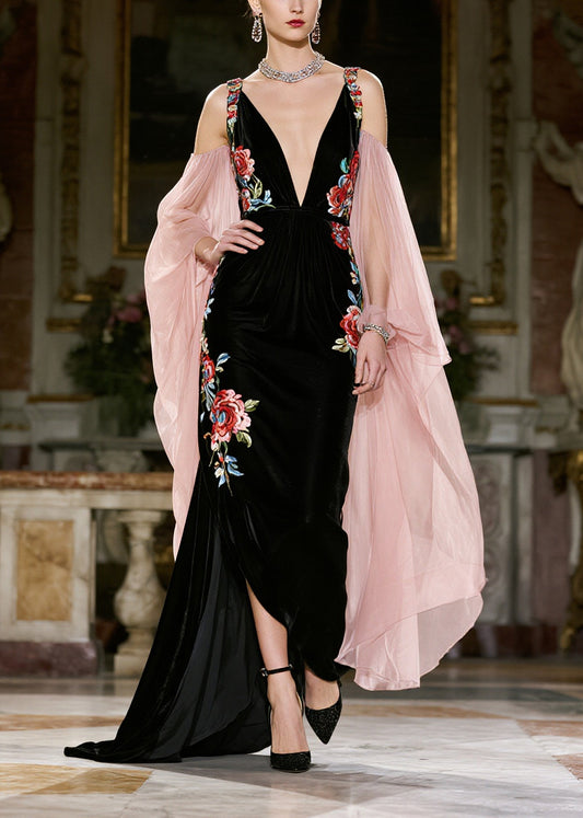Stylish Black V Neck Patchwork Silk Velvet Party Dresses Cloak Sleeves