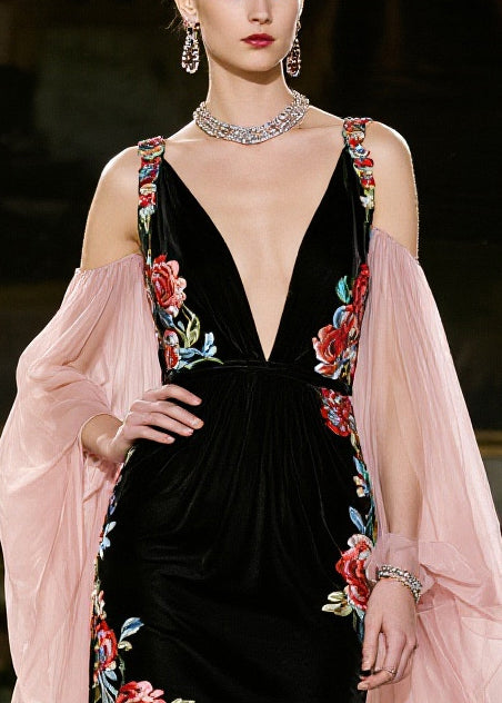 Stylish Black V Neck Patchwork Silk Velvet Party Dresses Cloak Sleeves