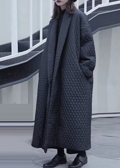 Stylish Black V Neck Plaid Fine Cotton Filled Trench Coats Winter