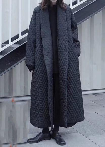 Stylish Black V Neck Plaid Fine Cotton Filled Trench Coats Winter