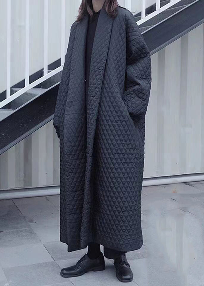 Stylish Black V Neck Plaid Fine Cotton Filled Trench Coats Winter