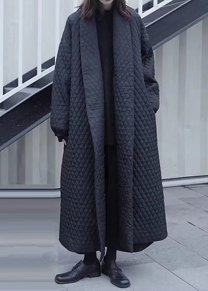 Stylish Black V Neck Plaid Fine Cotton Filled Trench Coats Winter