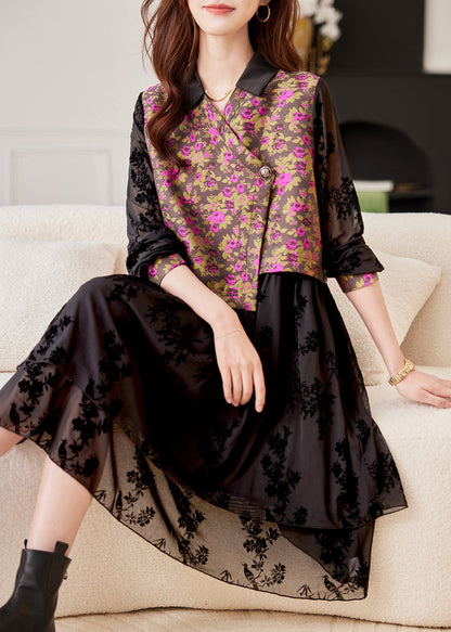 Stylish Black V Neck Print Patchwork Tulle Long Dress Spring