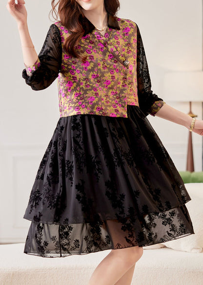 Stylish Black V Neck Print Patchwork Tulle Long Dress Spring