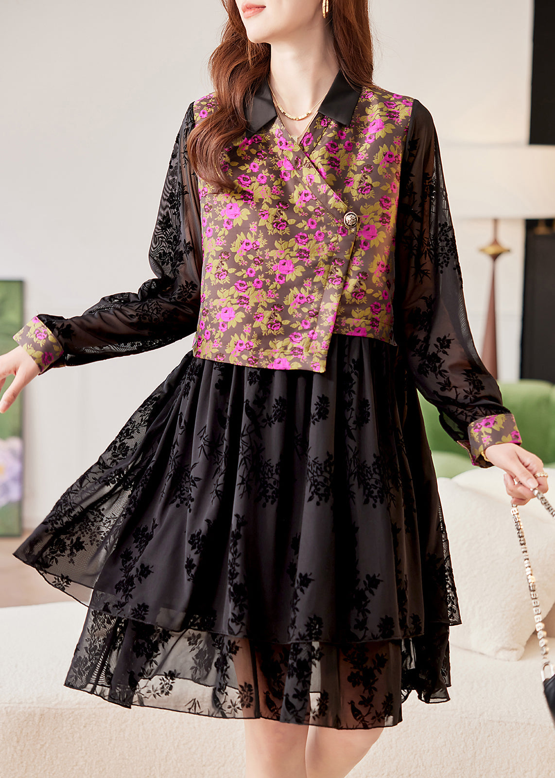 Stylish Black V Neck Print Patchwork Tulle Long Dress Spring
