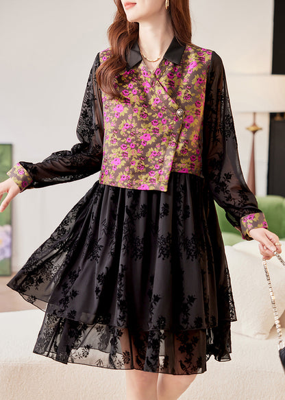 Stylish Black V Neck Print Patchwork Tulle Long Dress Spring