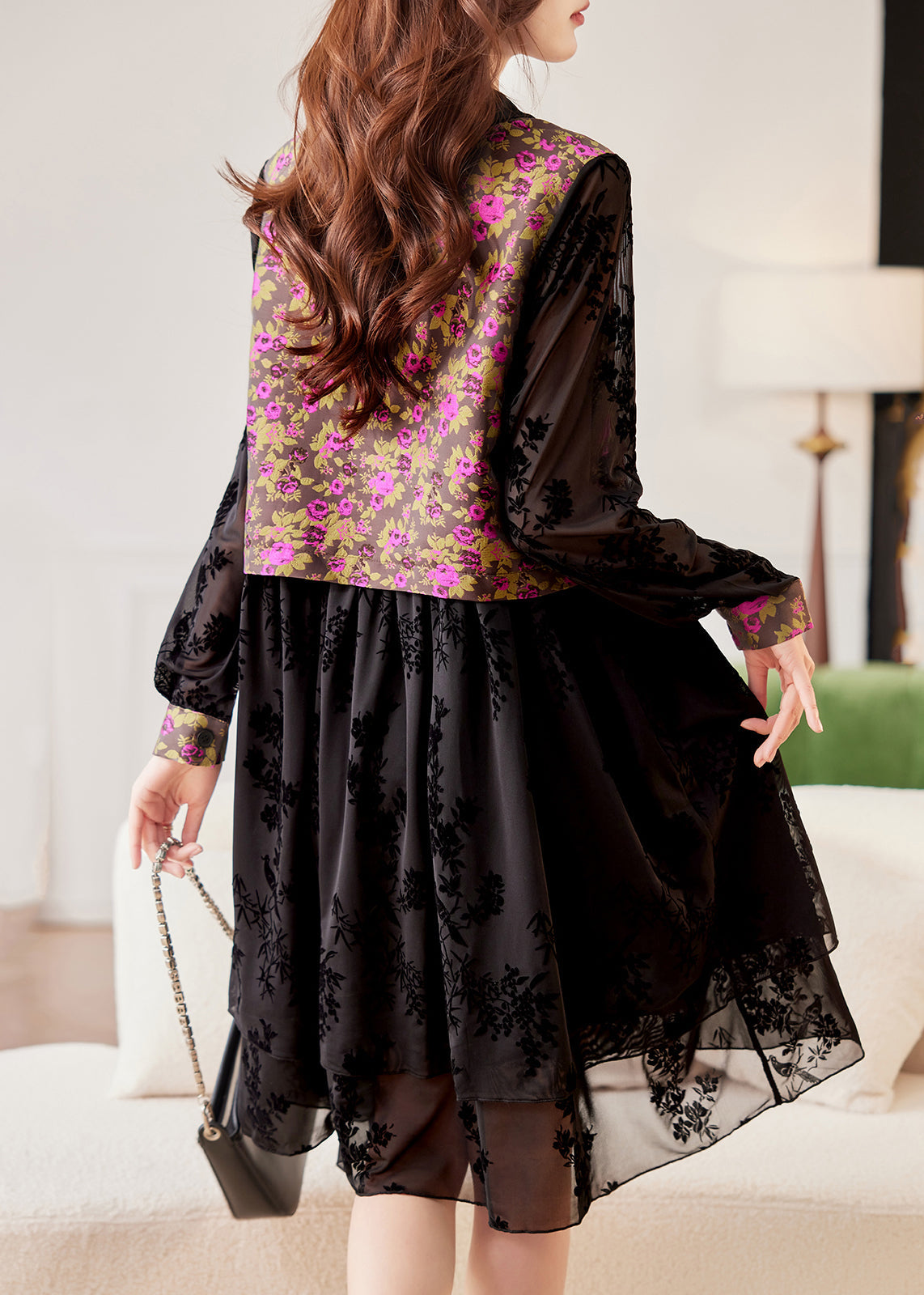 Stylish Black V Neck Print Patchwork Tulle Long Dress Spring