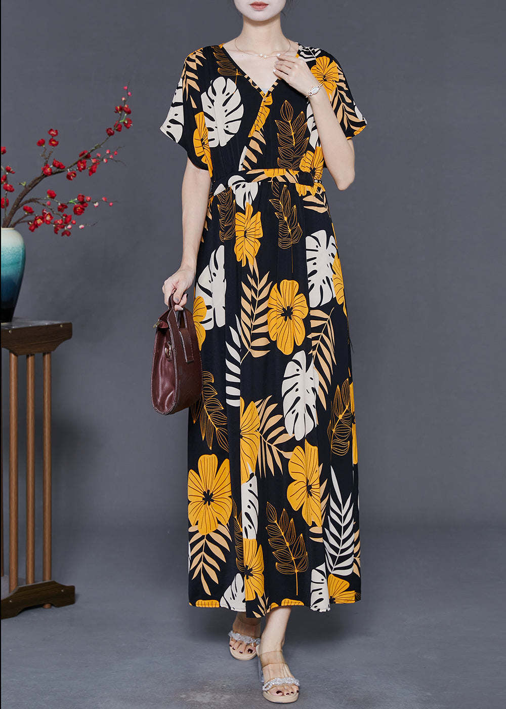 Stylish Black V Neck Print Silk Ankle Dress Summer