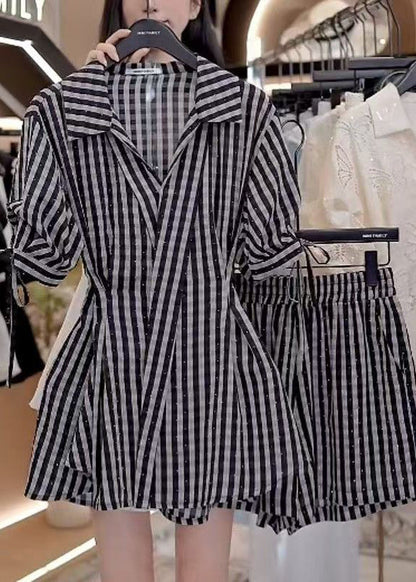 Stylish Black V Neck Striped Cotton Two Pieces Set Summer