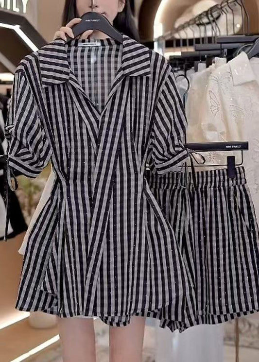 Stylish Black V Neck Striped Cotton Two Pieces Set Summer