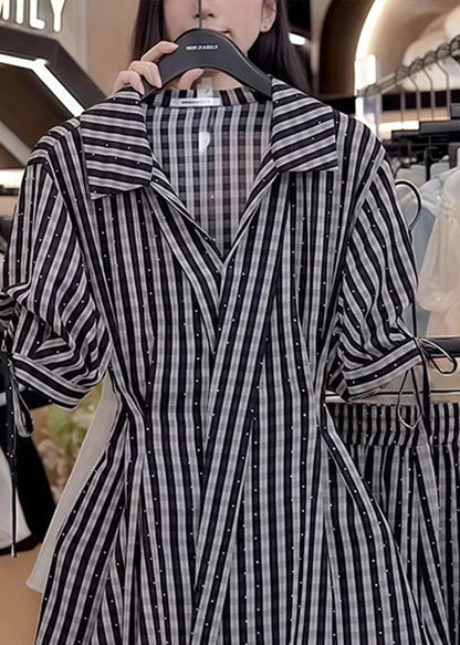 Stylish Black V Neck Striped Cotton Two Pieces Set Summer