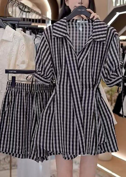 Stylish Black V Neck Striped Cotton Two Pieces Set Summer