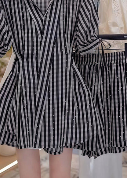 Stylish Black V Neck Striped Cotton Two Pieces Set Summer
