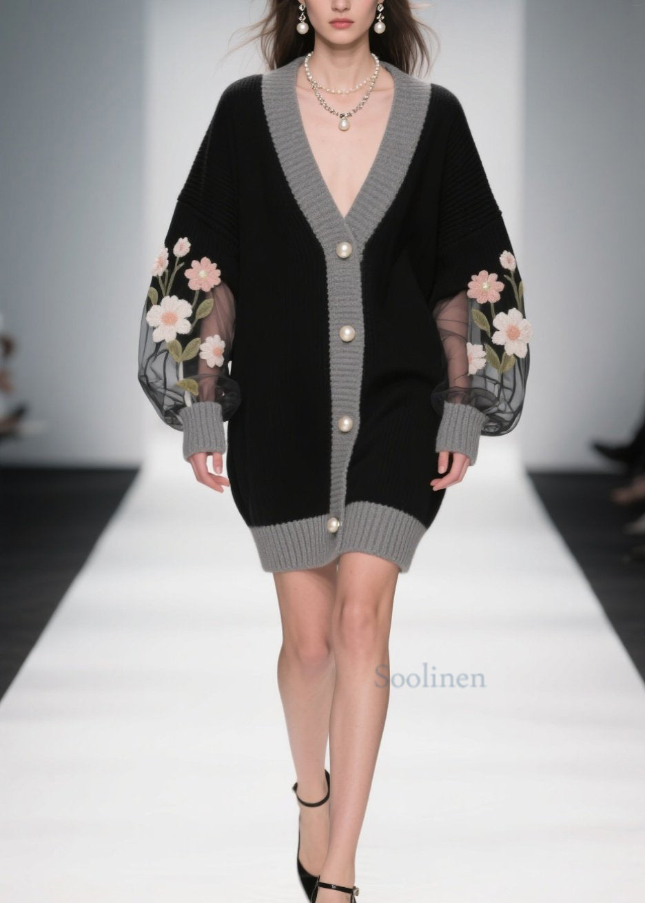 Stylish Black V Neck Tulle Patchwork Knit Cardigans Fall