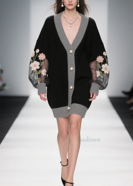 Stylish Black V Neck Tulle Patchwork Knit Cardigans Fall