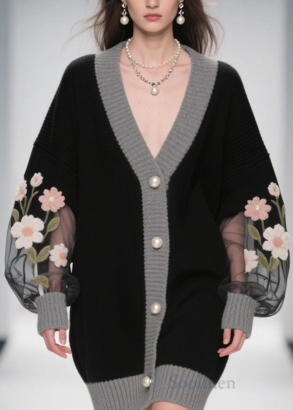 Stylish Black V Neck Tulle Patchwork Knit Cardigans Fall