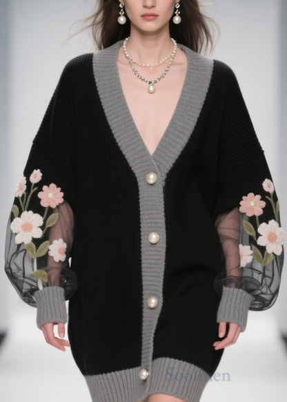 Stylish Black V Neck Tulle Patchwork Knit Cardigans Fall