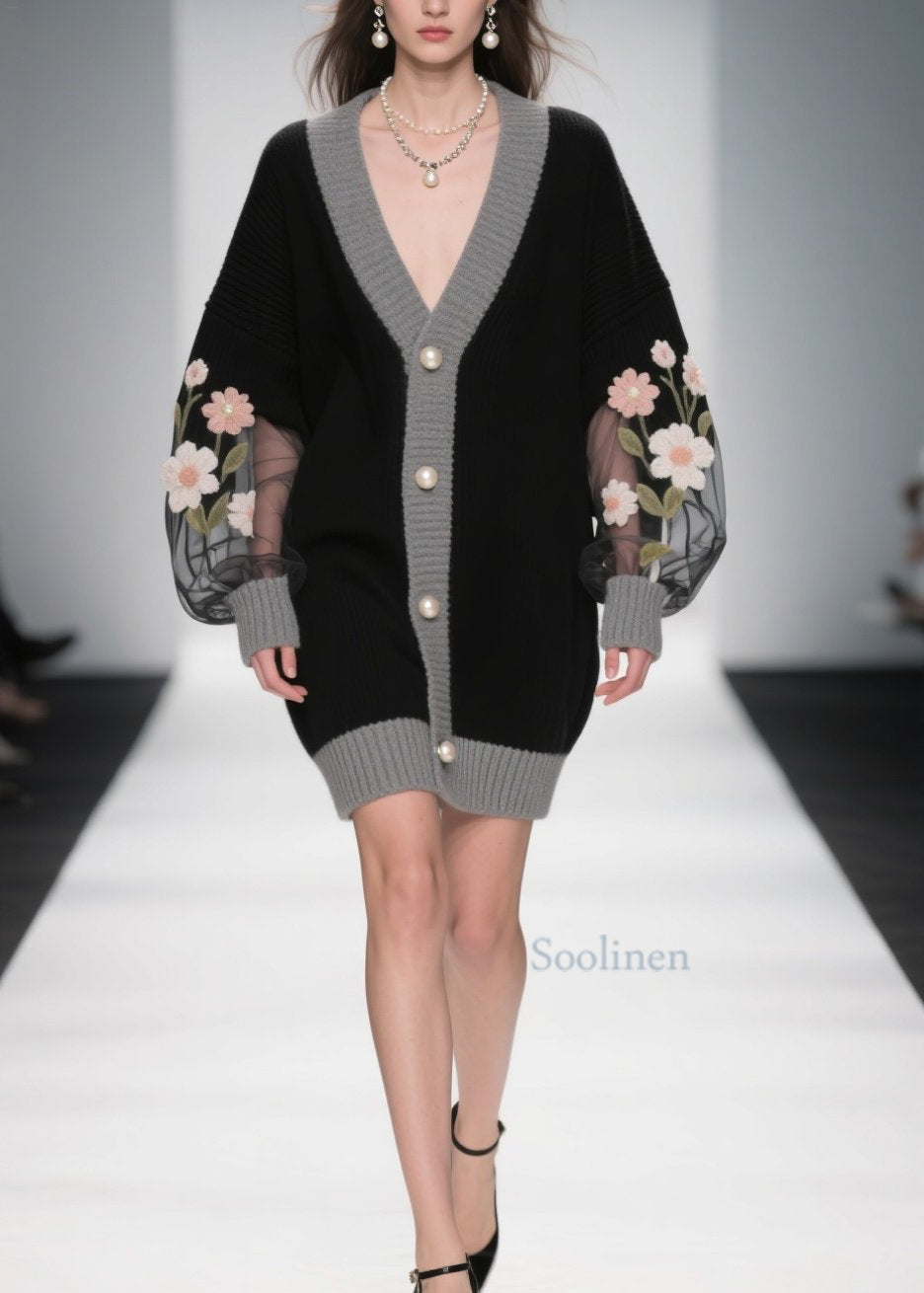 Stylish Black V Neck Tulle Patchwork Knit Cardigans Fall