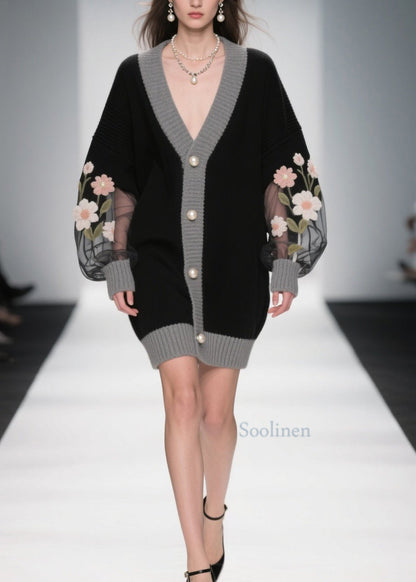 Stylish Black V Neck Tulle Patchwork Knit Cardigans Fall