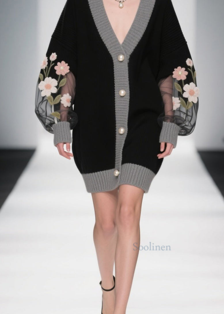 Stylish Black V Neck Tulle Patchwork Knit Cardigans Fall