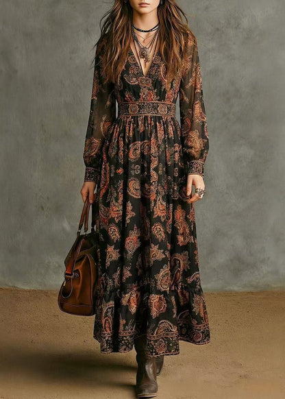 Stylish Black V Neck V Neck Print Vacation Maxi Dresses Fall