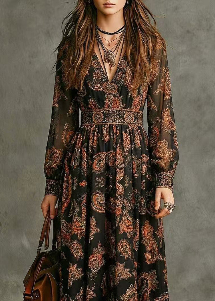 Stylish Black V Neck V Neck Print Vacation Maxi Dresses Fall