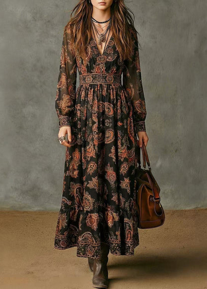 Stylish Black V Neck V Neck Print Vacation Maxi Dresses Fall