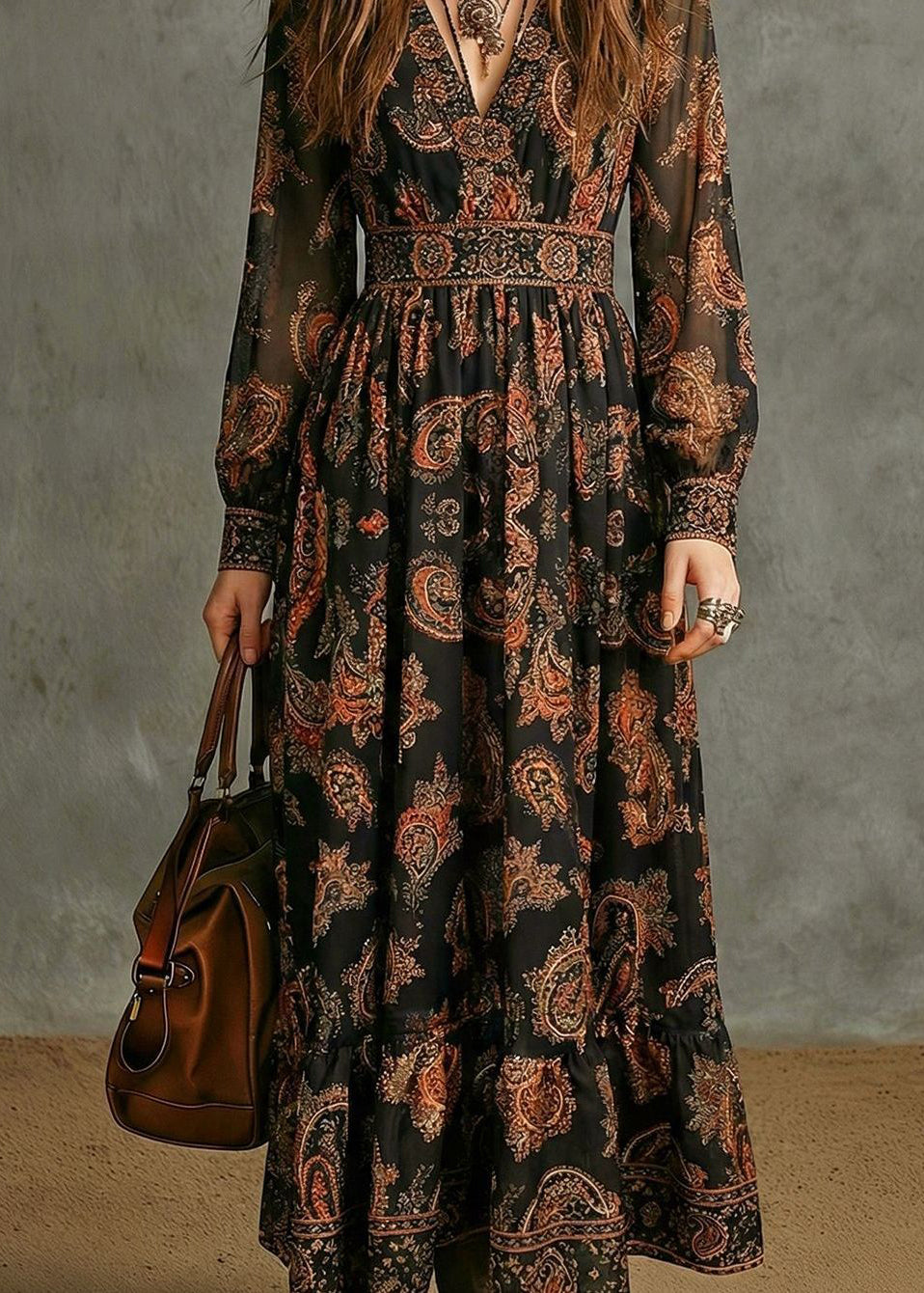 Stylish Black V Neck V Neck Print Vacation Maxi Dresses Fall