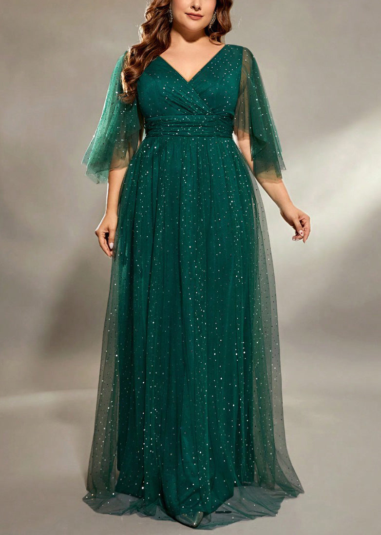 Stylish Blackish Green V Neck Sequins Tulle Long Dresses Half Sleeve