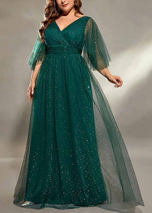 Stylish Blackish Green V Neck Sequins Tulle Long Dresses Half Sleeve
