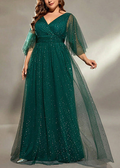Stylish Blackish Green V Neck Sequins Tulle Long Dresses Half Sleeve