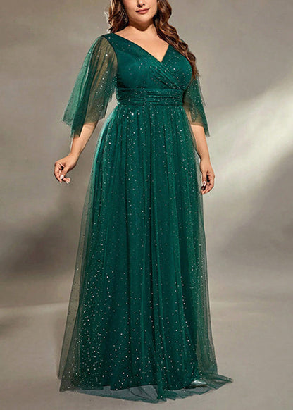 Stylish Blackish Green V Neck Sequins Tulle Long Dresses Half Sleeve