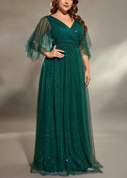 Stylish Blackish Green V Neck Sequins Tulle Long Dresses Half Sleeve