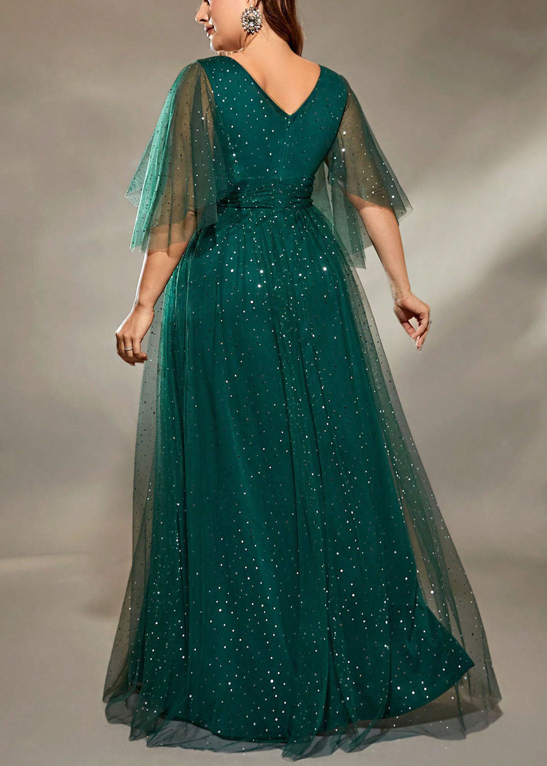 Stylish Blackish Green V Neck Sequins Tulle Long Dresses Half Sleeve
